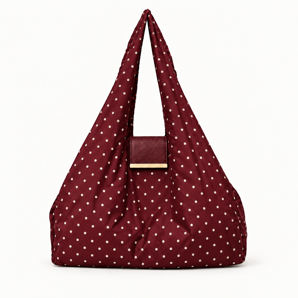 Maat:Small | Kleur:Burgundy Polka-dot | NOMO Keychain Tote vooraanzicht, karabijnhaak op achterkant