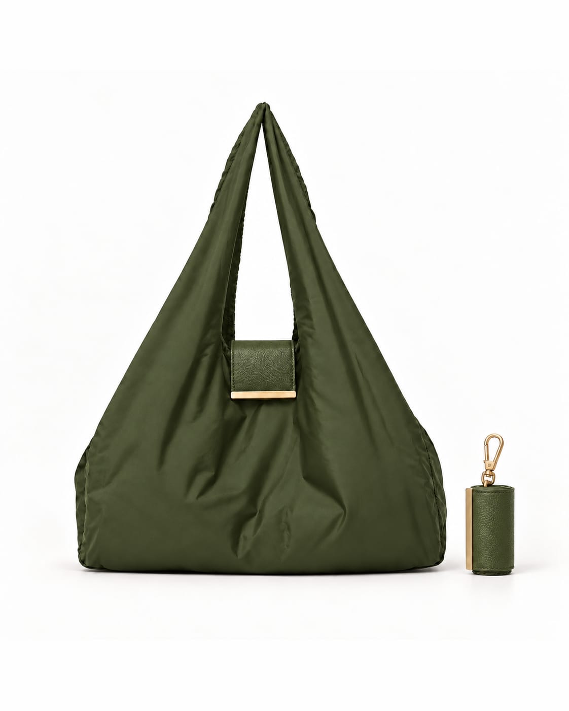 NOMO Keychain Tote Army Green uitgerold, met de opgerolde keychain ernaast