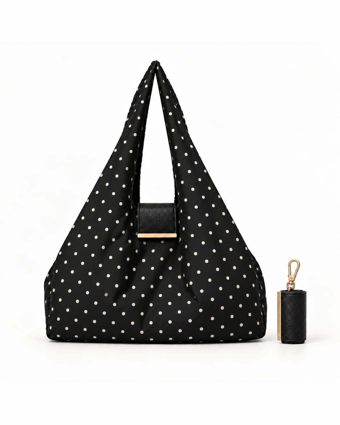 NOMO Keychain Tote Black Polka-dot uitgerold, met de opgerolde keychain ernaast
