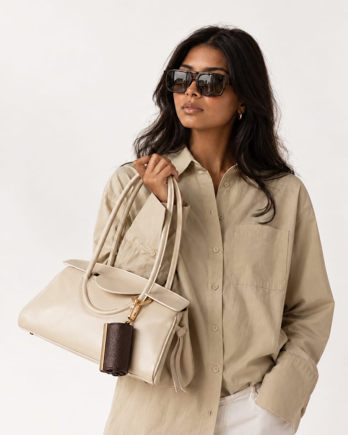 Opgerolde Brown keychain aan een crème handtas