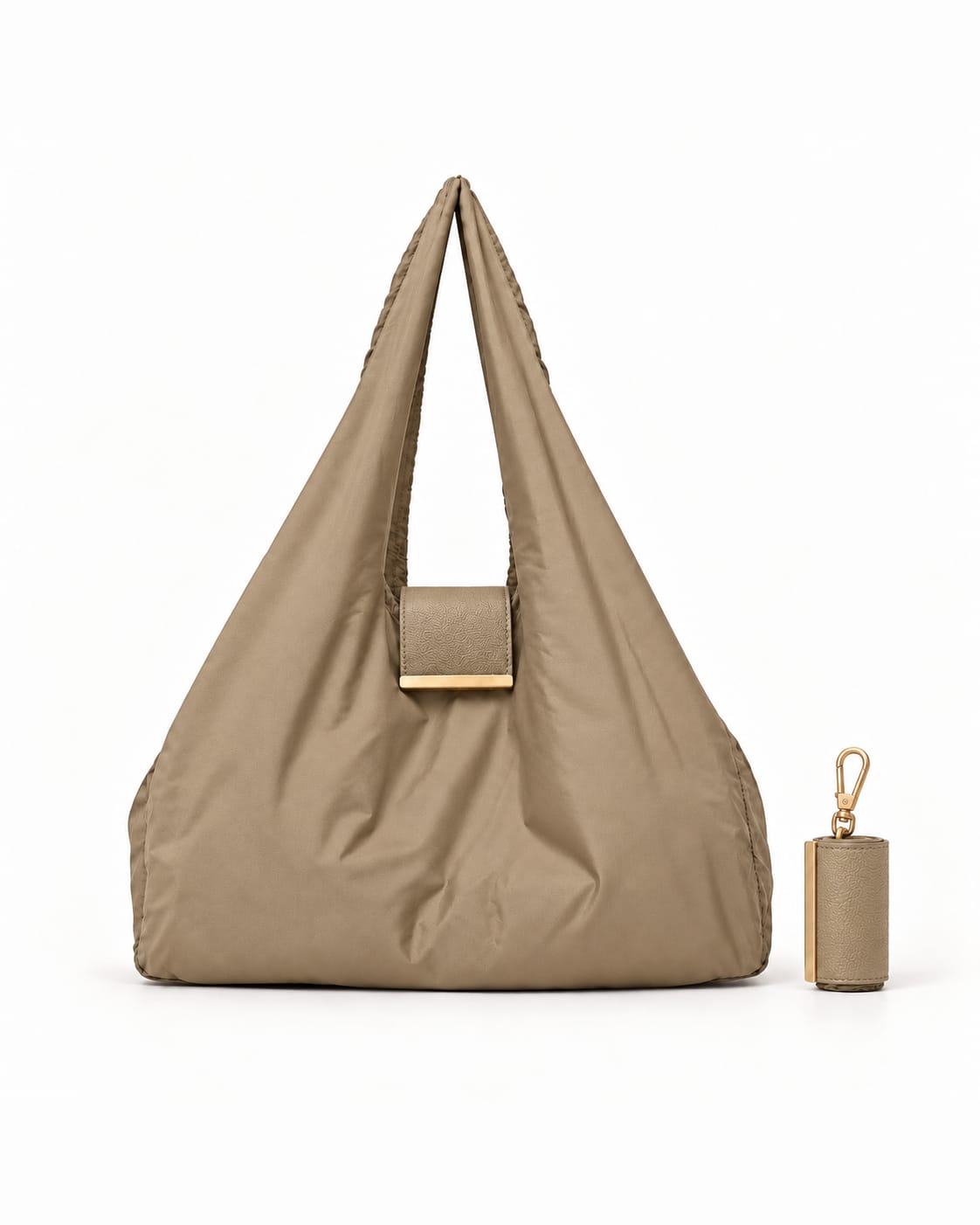 NOMO Keychain Tote Khaki uitgerold, met de opgerolde keychain ernaast