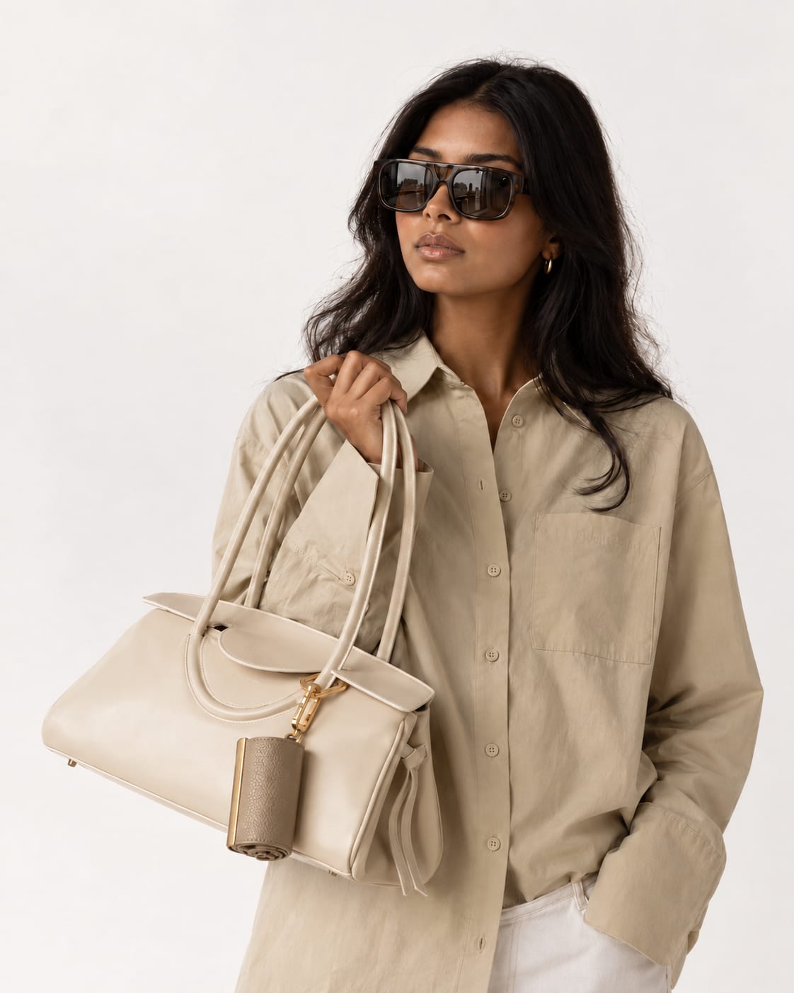 Opgerolde Khaki keychain aan een crème handtas
