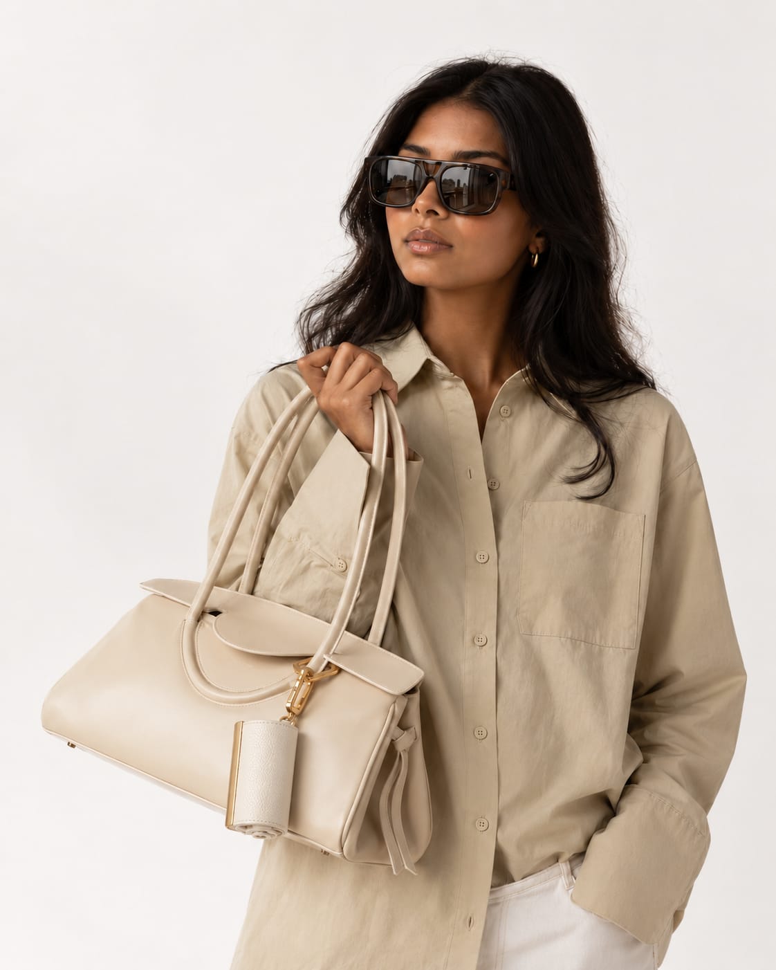 Opgerolde White keychain aan een crème handtas