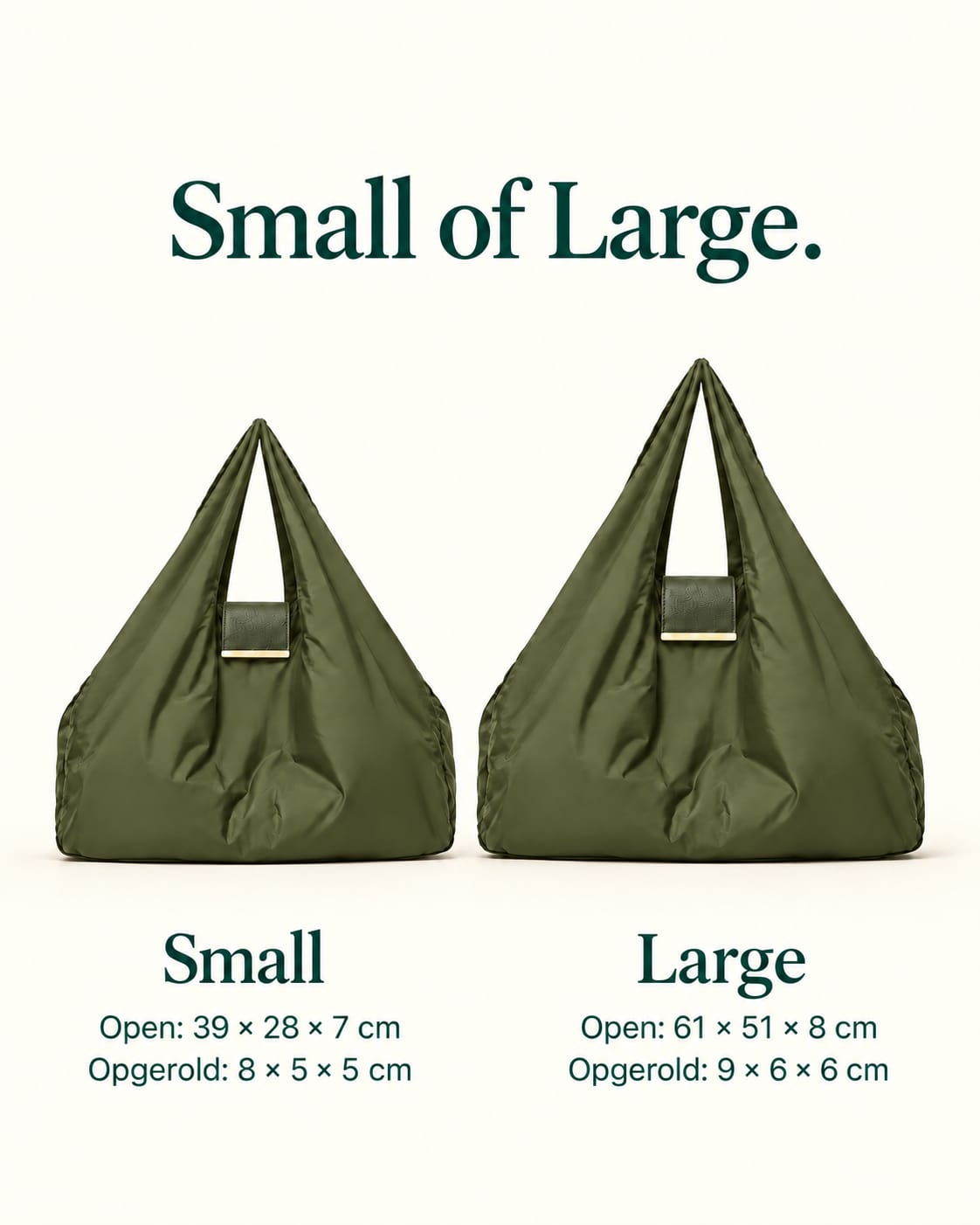 NOMO Keychain Tote Army Green in Small en Large, met afmetingen open en opgerold