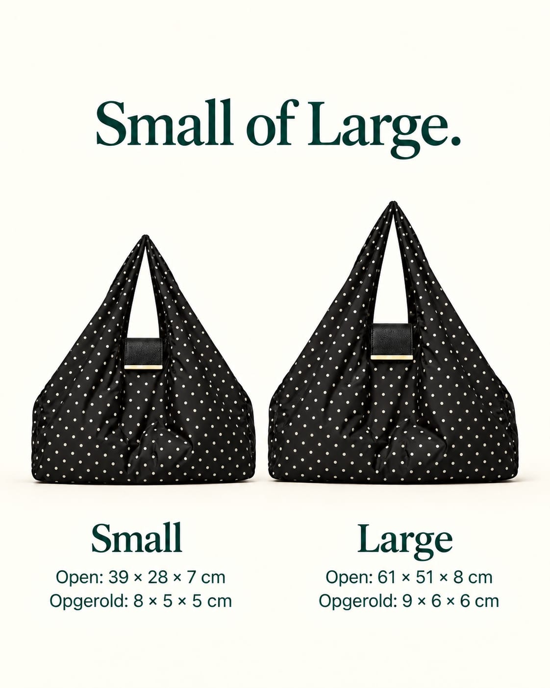 NOMO Keychain Tote Black Polka-dot in Small en Large, met afmetingen open en opgerold