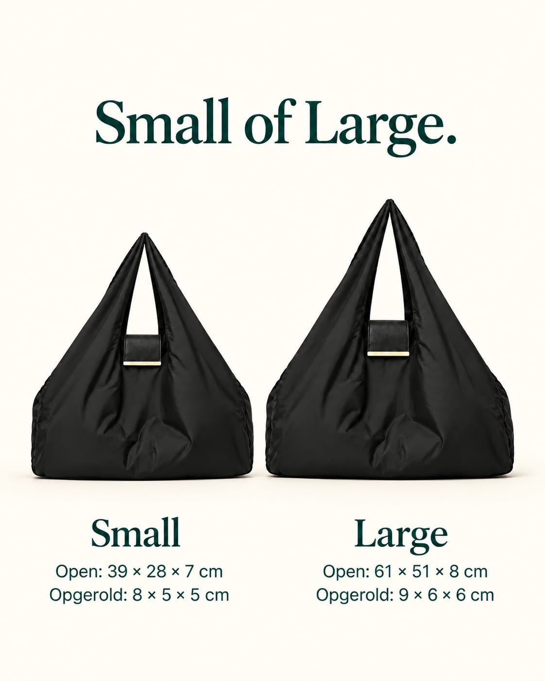 NOMO Keychain Tote Black in Small en Large, met afmetingen open en opgerold