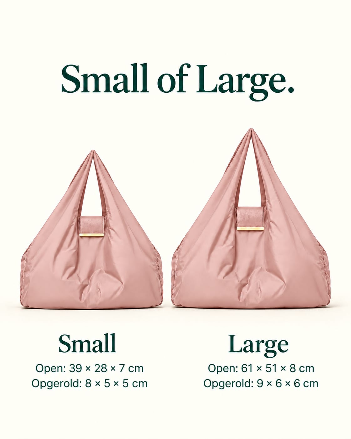 NOMO Keychain Tote Blush Pink in Small en Large, met afmetingen open en opgerold