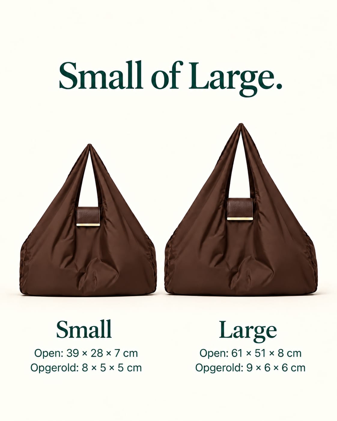 NOMO Keychain Tote Brown in Small en Large, met afmetingen open en opgerold