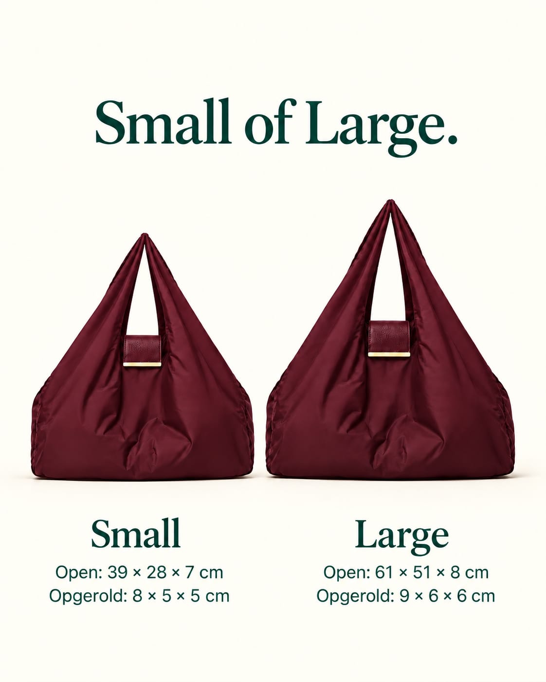 NOMO Keychain Tote Burgundy in Small en Large, met afmetingen open en opgerold