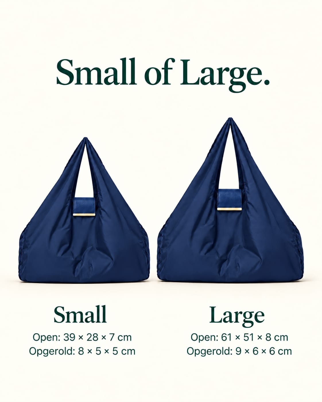 NOMO Keychain Tote Dark Blue in Small en Large, met afmetingen open en opgerold