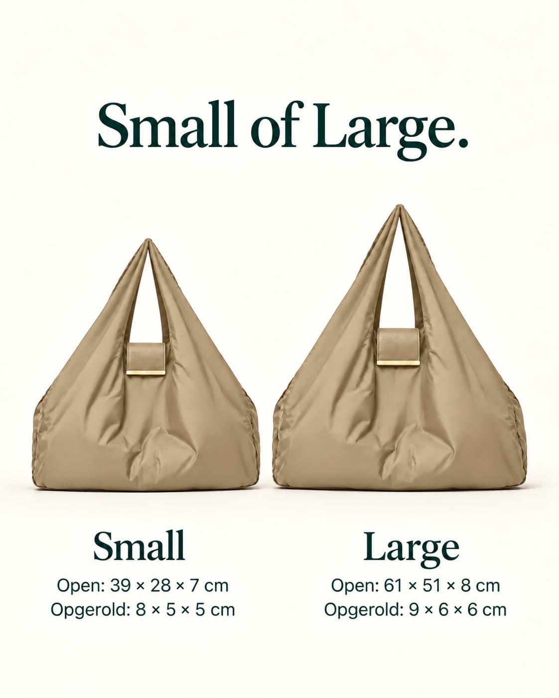 NOMO Keychain Tote Khaki in Small en Large, met afmetingen open en opgerold