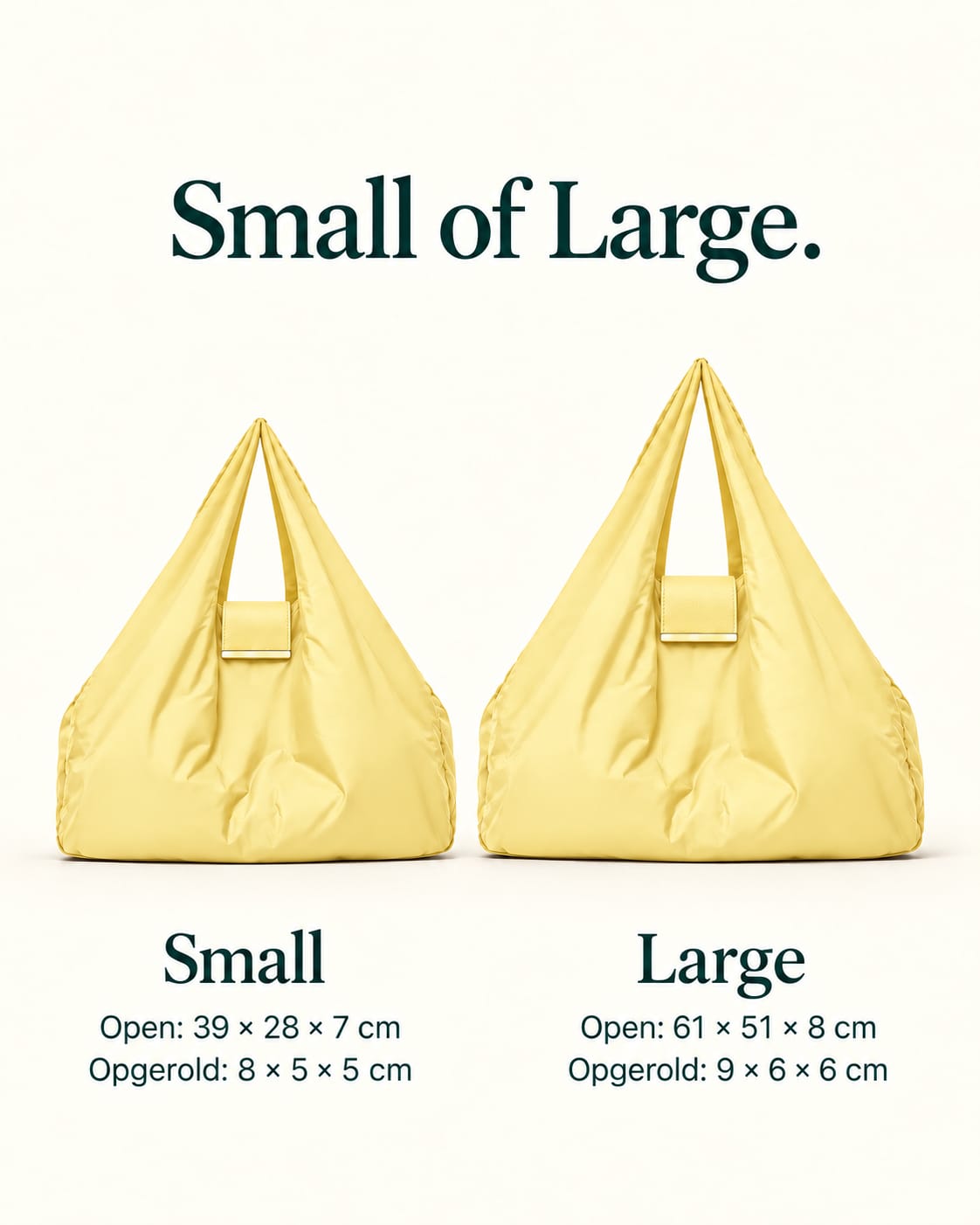 NOMO Keychain Tote Pale Yellow in Small en Large, met afmetingen open en opgerold