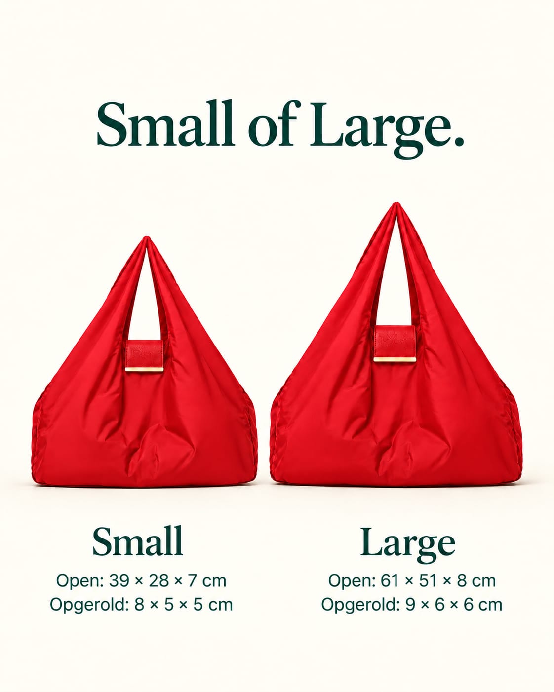 NOMO Keychain Tote Red in Small en Large, met afmetingen open en opgerold