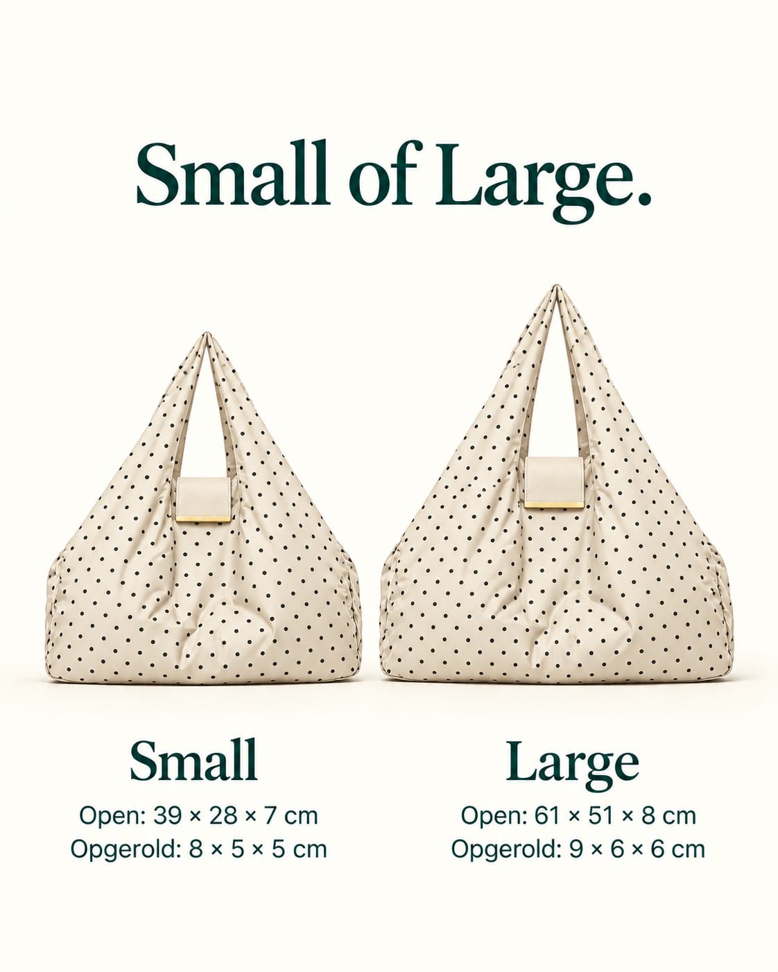 NOMO Keychain Tote White Polka-dot in Small en Large, met afmetingen open en opgerold